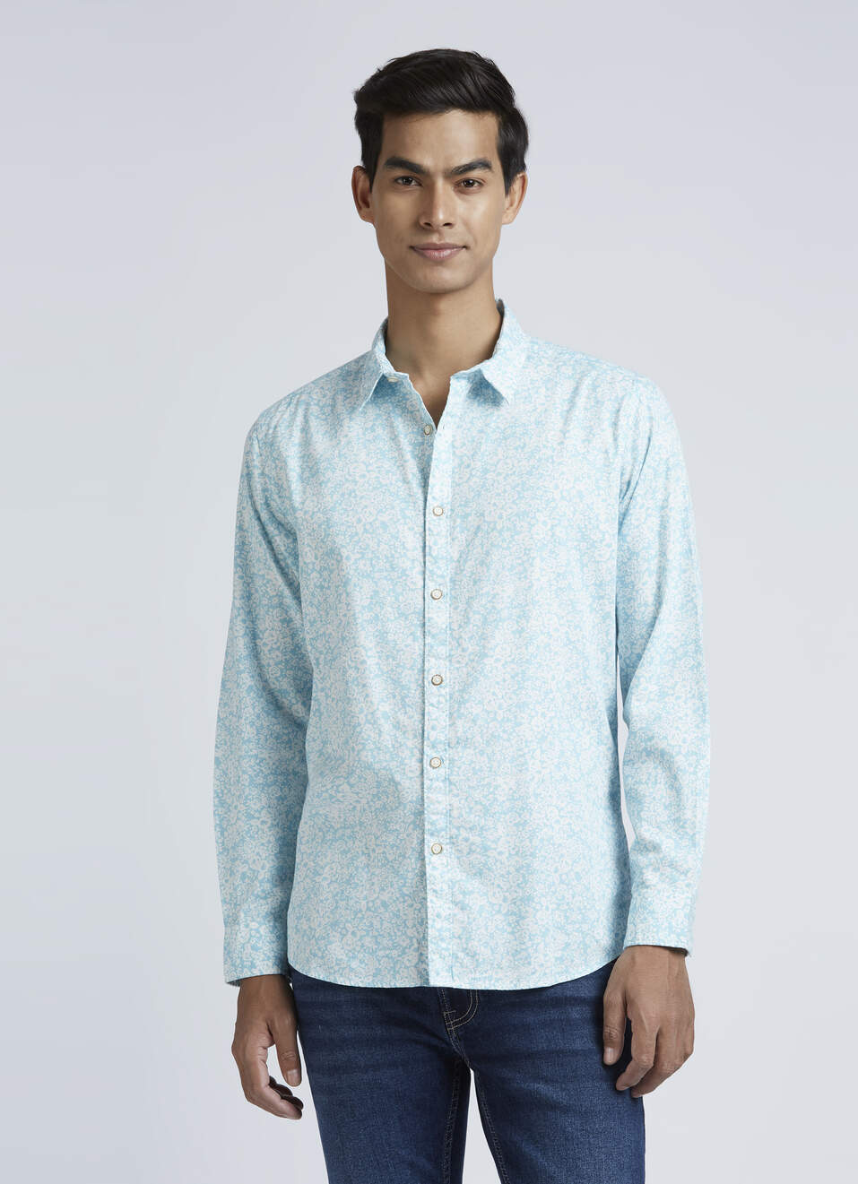 Blue Floral Print Full Sleeve Shirt, , large image number 1