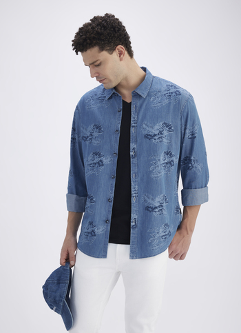 Men Blue Botanical Print Full Sleeve Denim Shirt