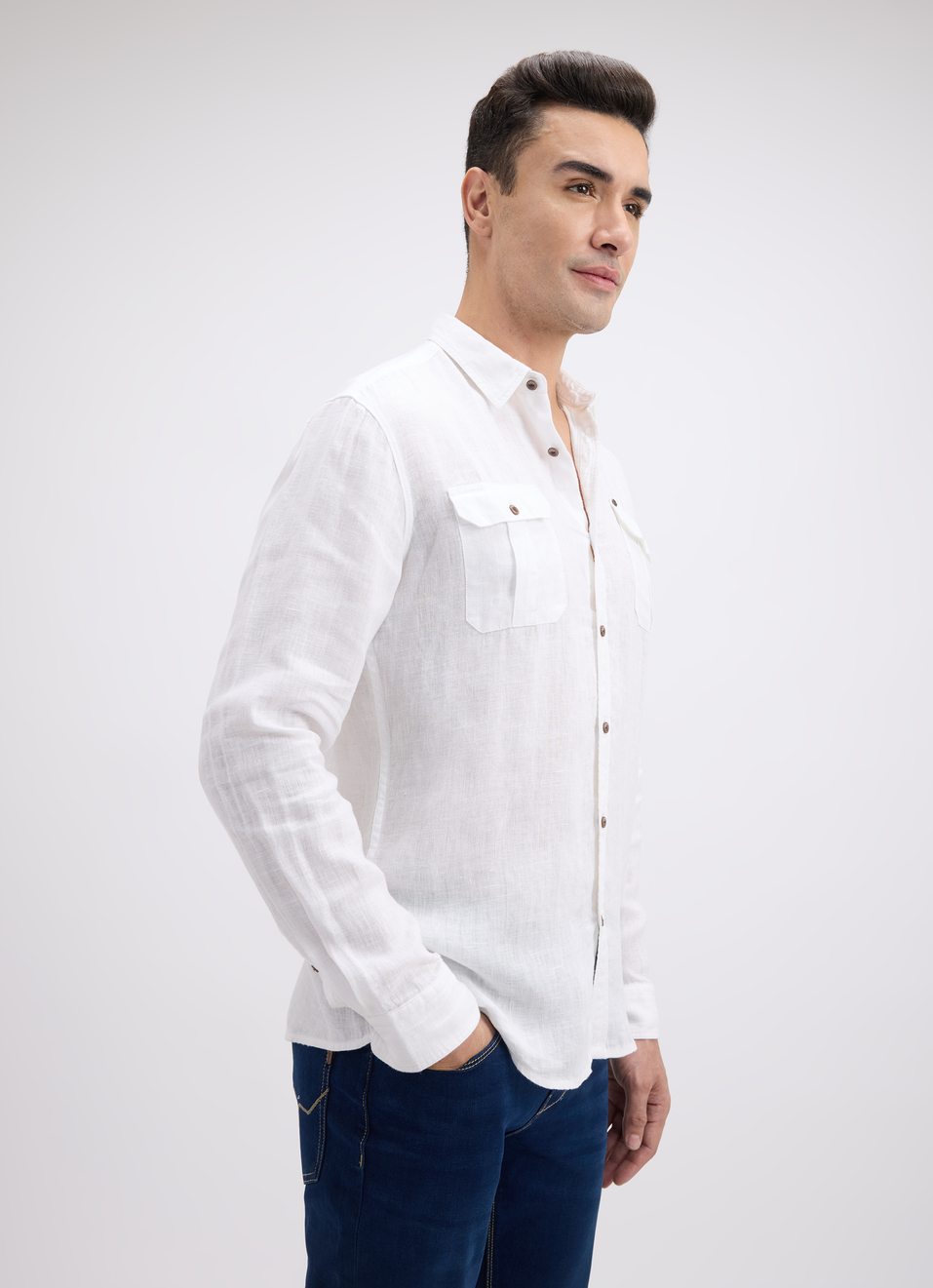 Men White Double Pocket Full Sleeve Linen Linen Shirt, , large image number 3
