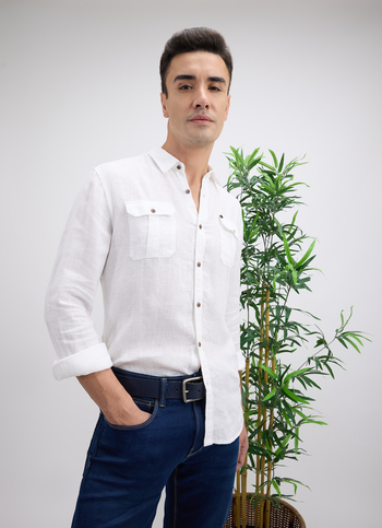 Men White Double Pocket Full Sleeve Linen Linen Shirt