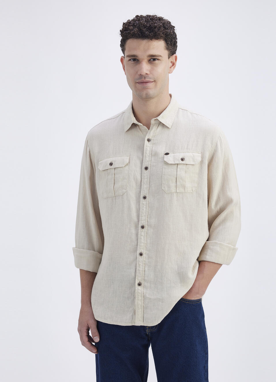 Men Beige Double Pocket Full Sleeve Linen Linen Shirt, , large image number 1