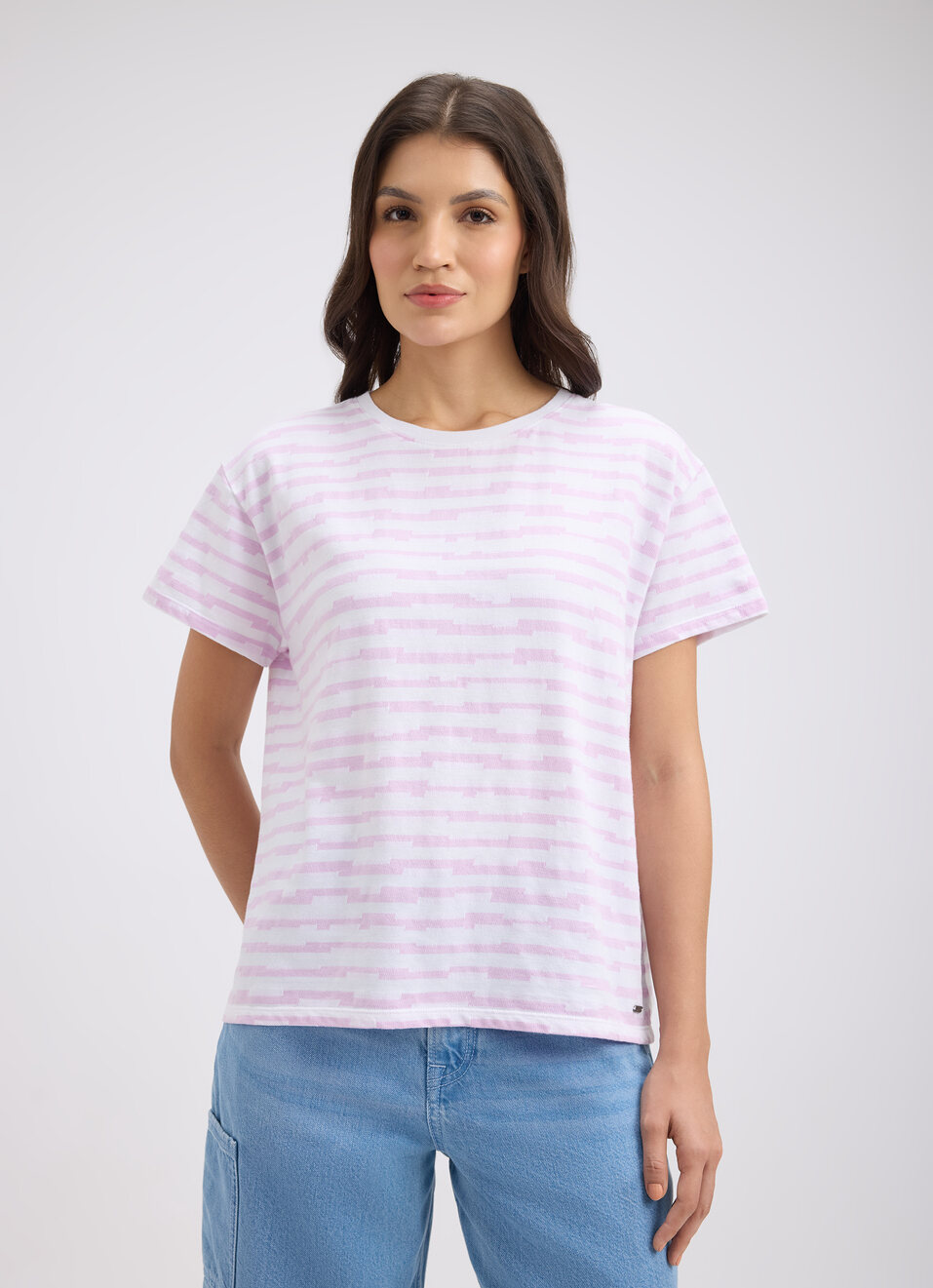 Women Purple Stripe Short Sleeve T-shirt, , large image number 1