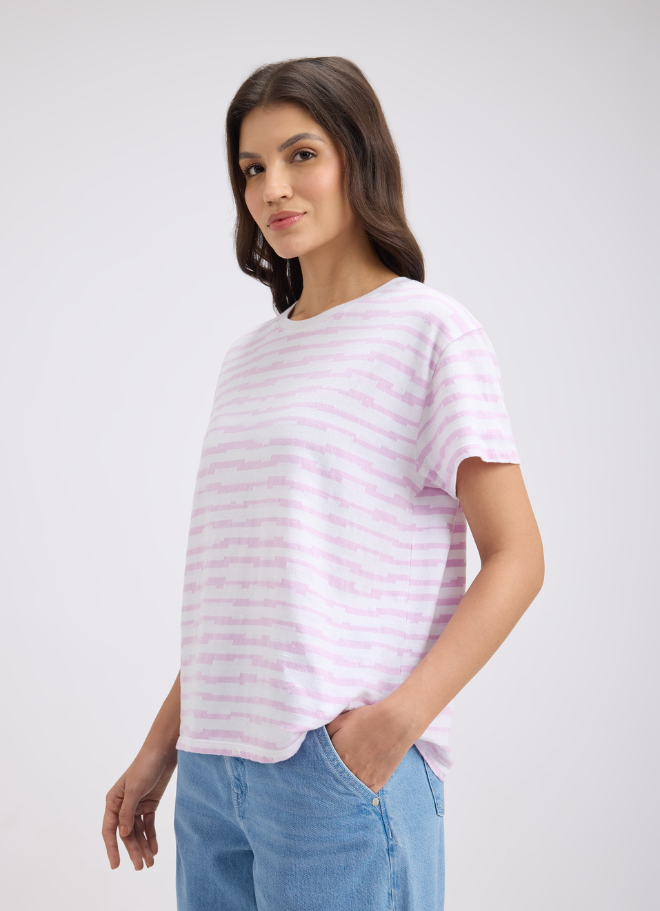 Women Purple Stripe Short Sleeve T-shirt, , large image number 3