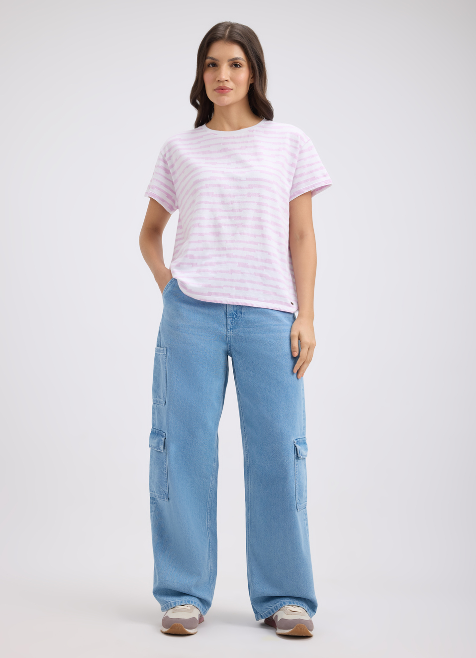 Women Purple Stripe Short Sleeve T-shirt, , large image number 5