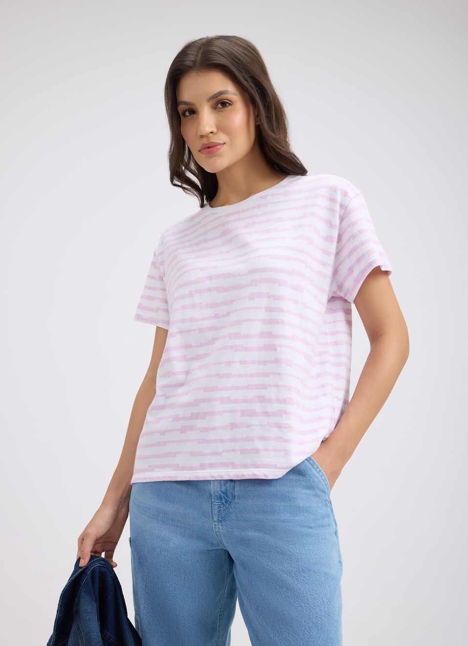 Women Purple Stripe Short Sleeve T-shirt, , large image number 0