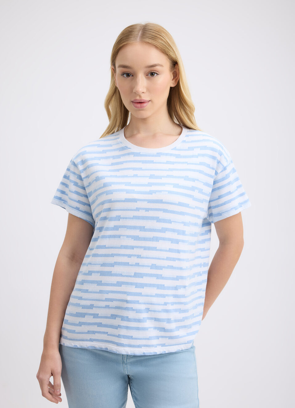 Women Blue Stripe Short Sleeve T-shirt, , large image number 1