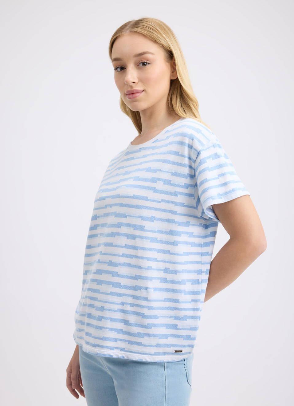 Women Blue Stripe Short Sleeve T-shirt, , large image number 3