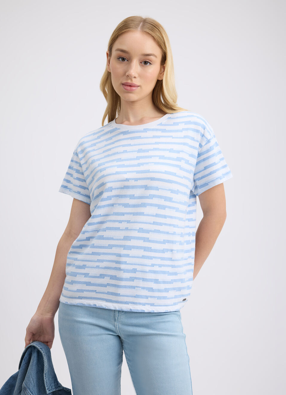 Women Blue Stripe Short Sleeve T-shirt, , large image number 0