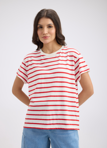 Women Red Stripe Short Sleeve T-shirt