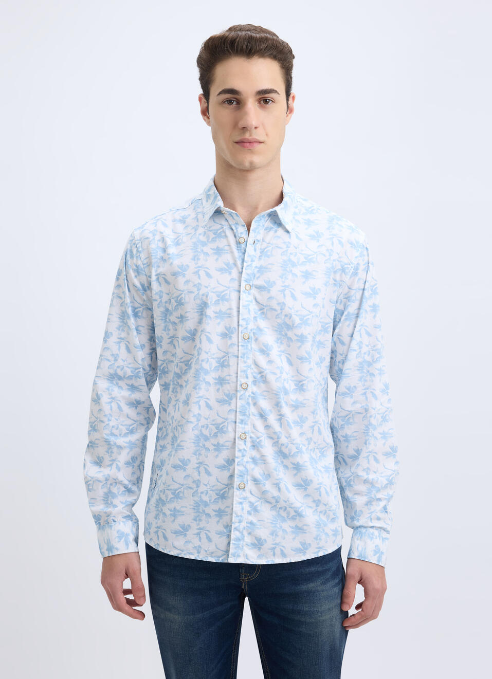 Men Blue Floral Print Full Sleeve Shirt, , large image number 0