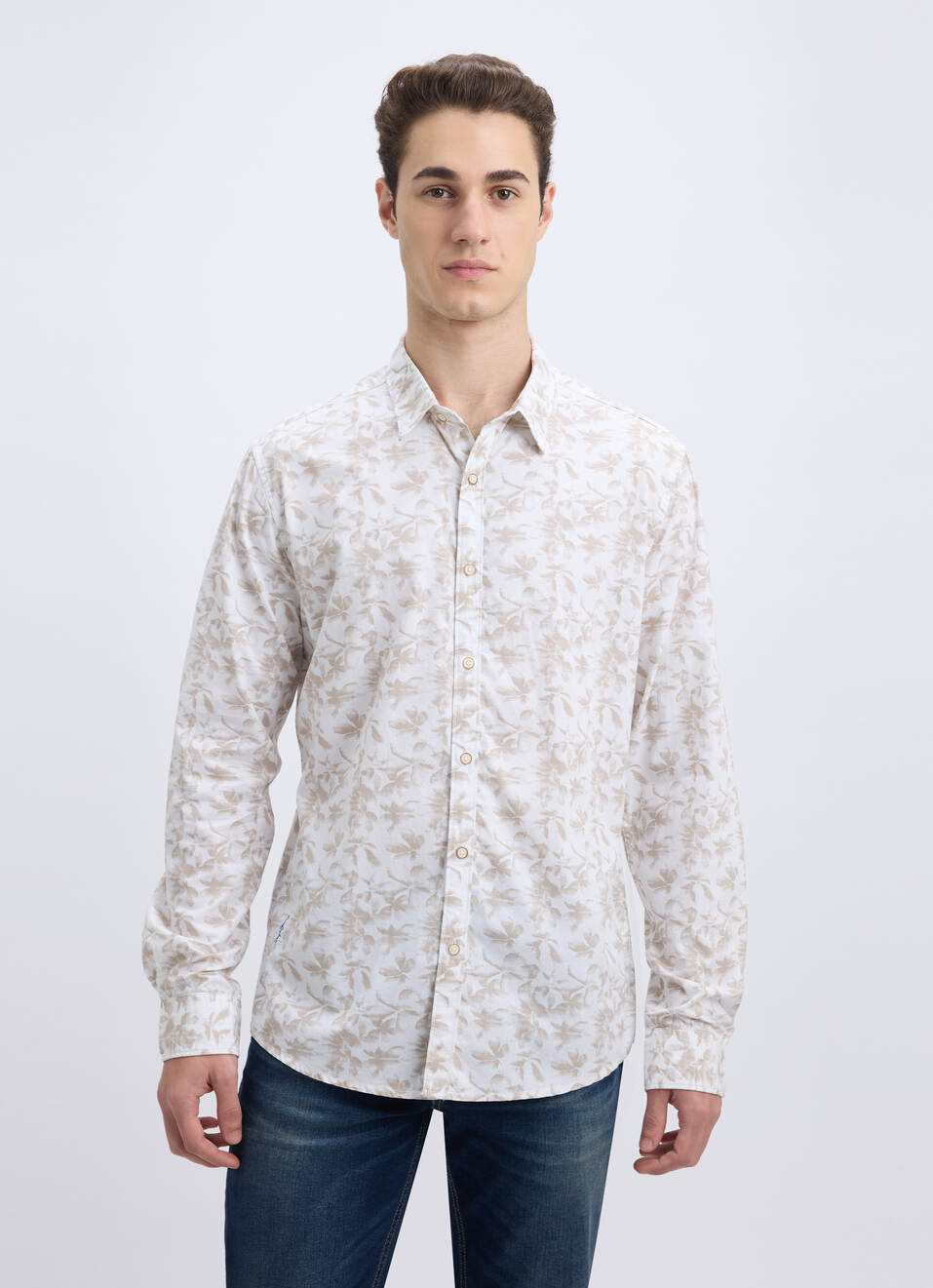 Men Beige Floral Print Full Sleeve Shirt, , large image number 1