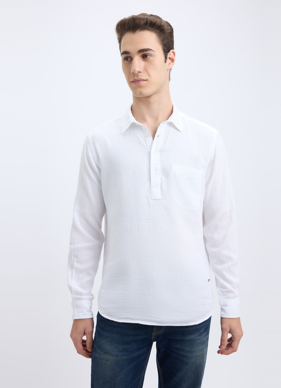 Men White Double Cloth Half Placket Full Sleeve Shirt, , large image number 1