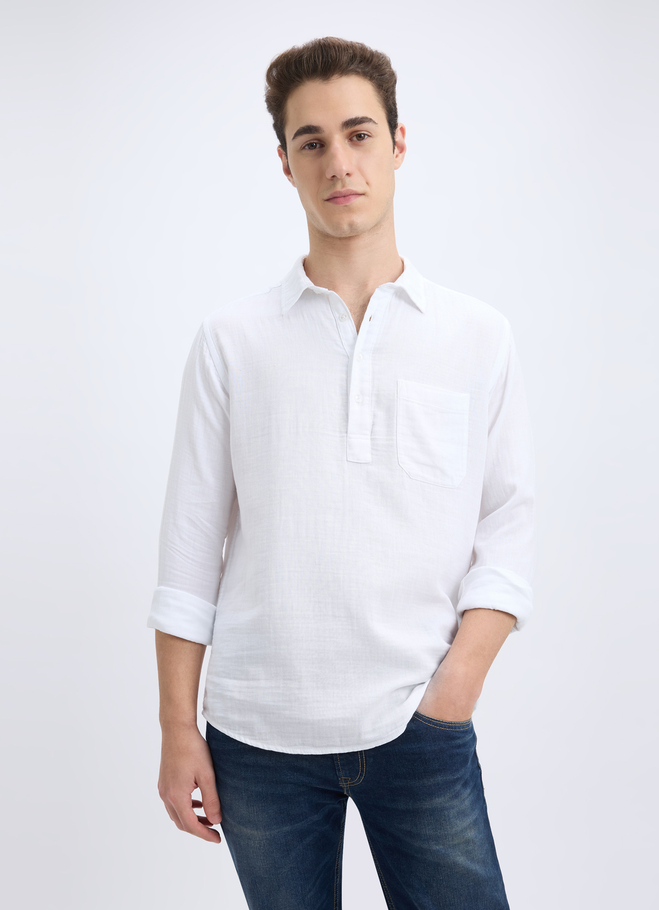 Men White Double Cloth Half Placket Full Sleeve Shirt, , large image number 0