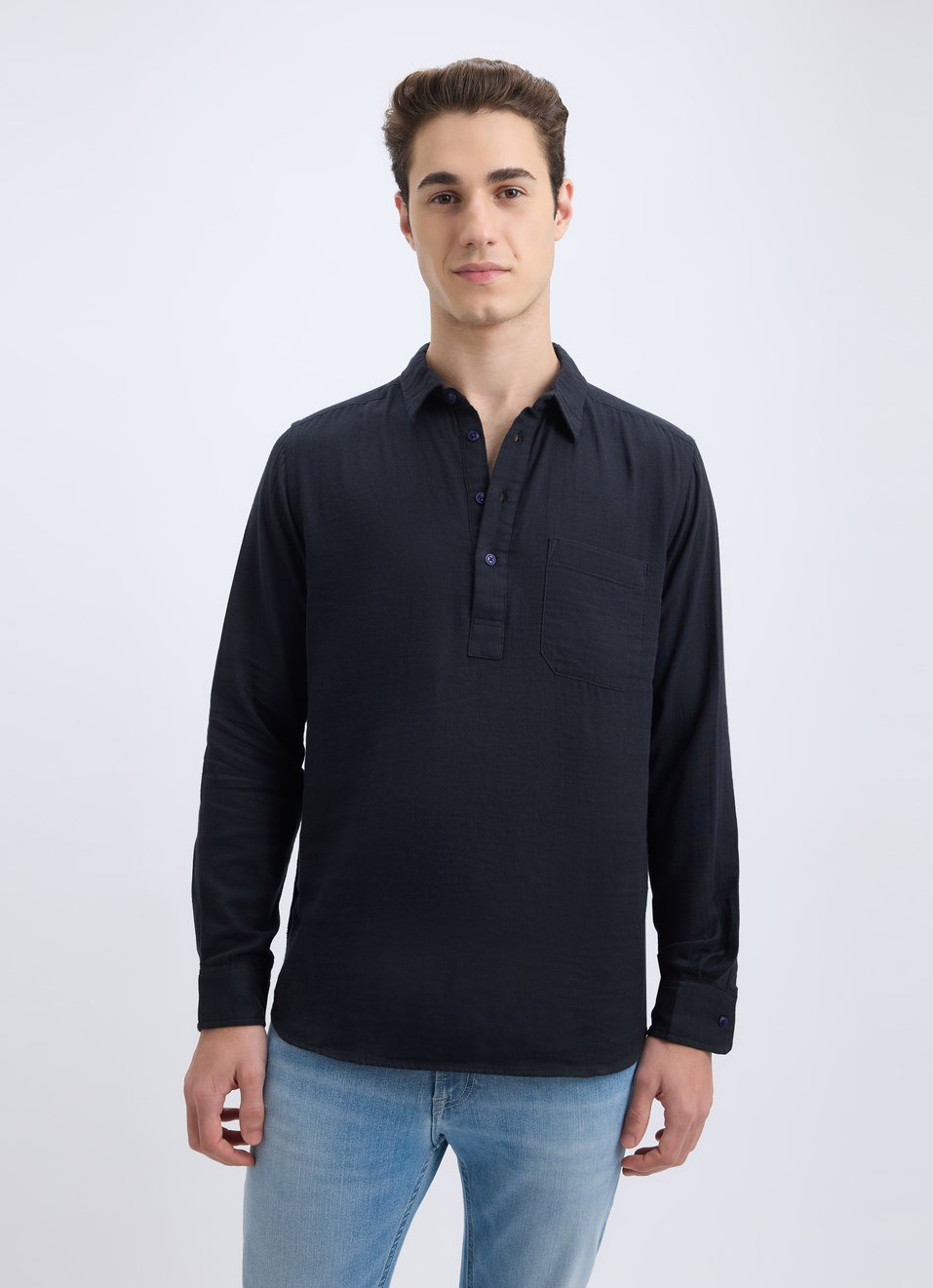 Men Black Double Cloth Half Placket Full Sleeve Shirt, , large image number 1