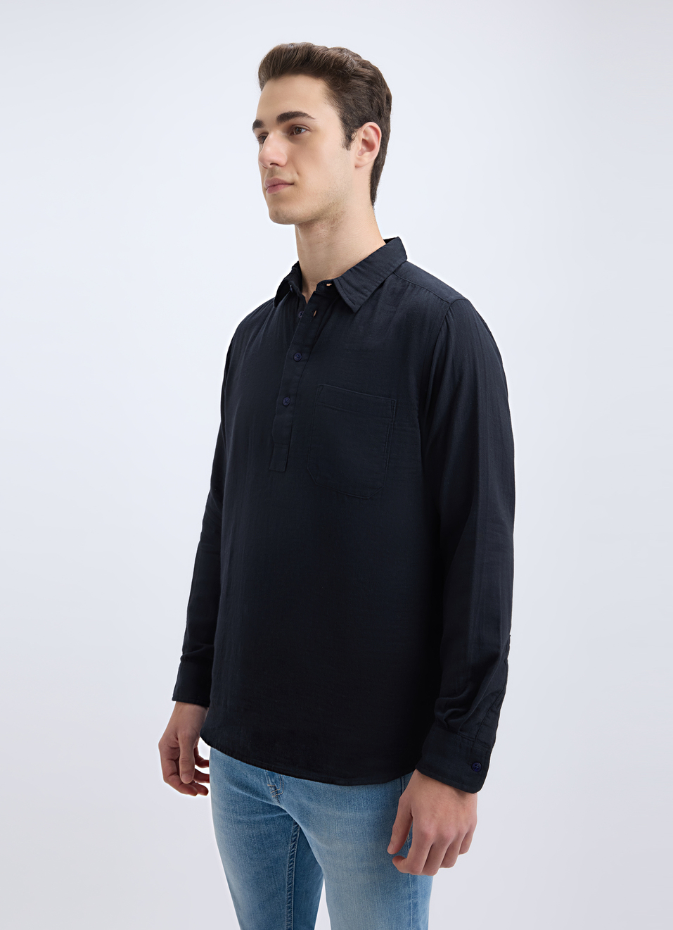 Men Black Double Cloth Half Placket Full Sleeve Shirt, , large image number 3