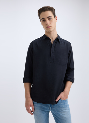 Men Black Double Cloth Half Placket Full Sleeve Shirt