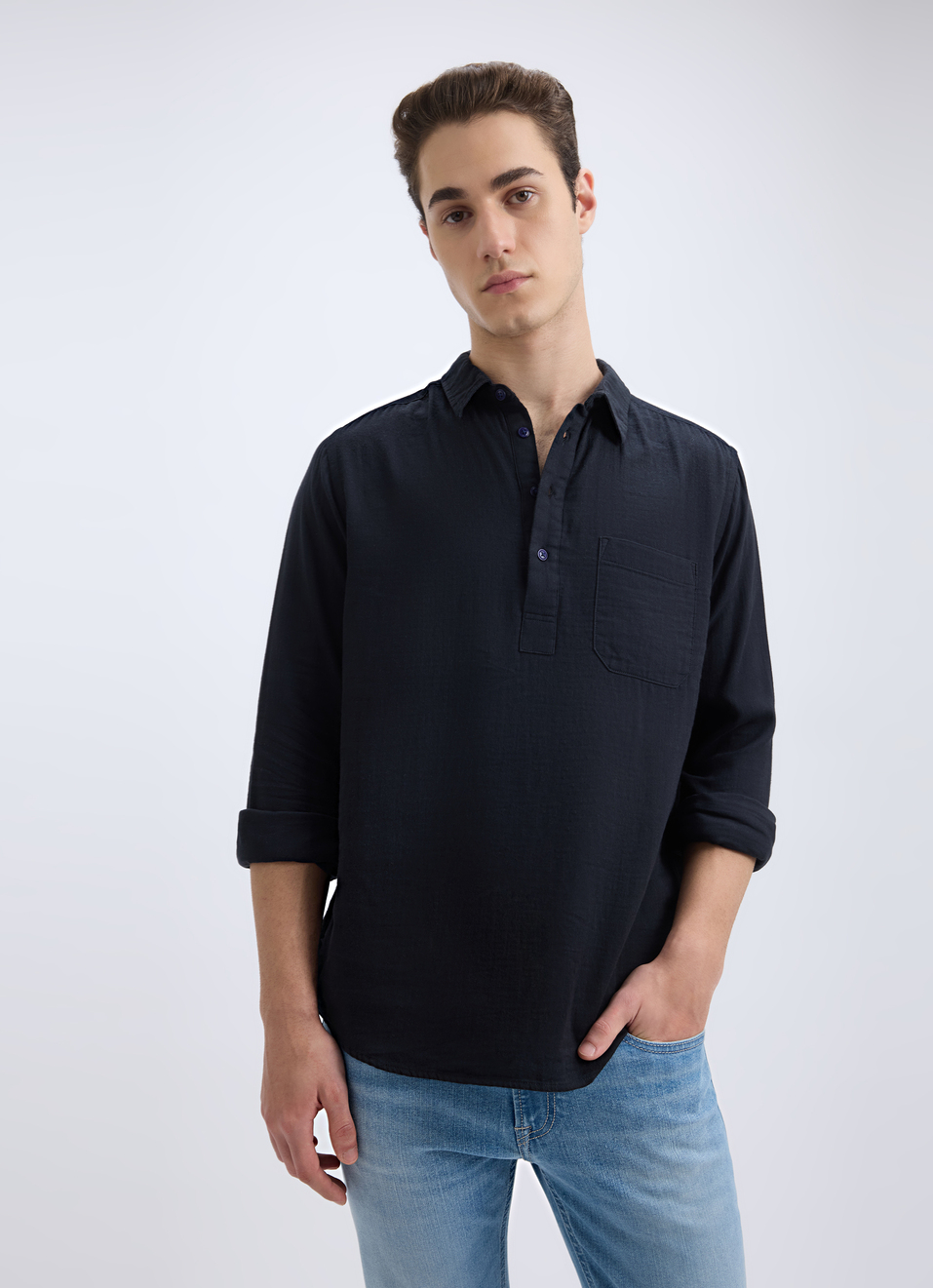 Men Black Double Cloth Half Placket Full Sleeve Shirt, , large image number 0