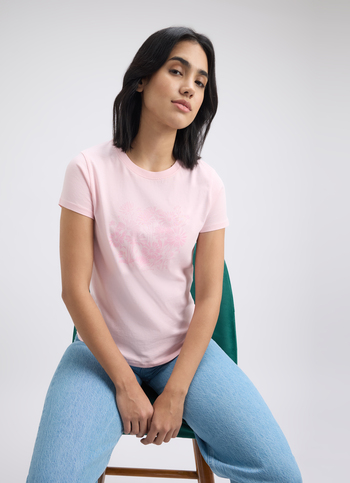 Women Pink Floral Print Short Sleeve T-shirt