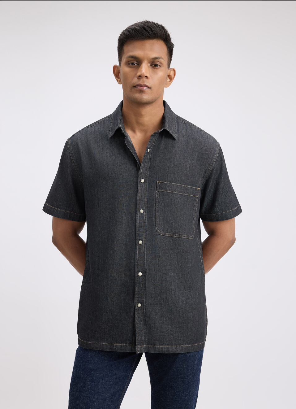 Men Black Short Sleeve Oversized Denim Shirt, , large image number 1