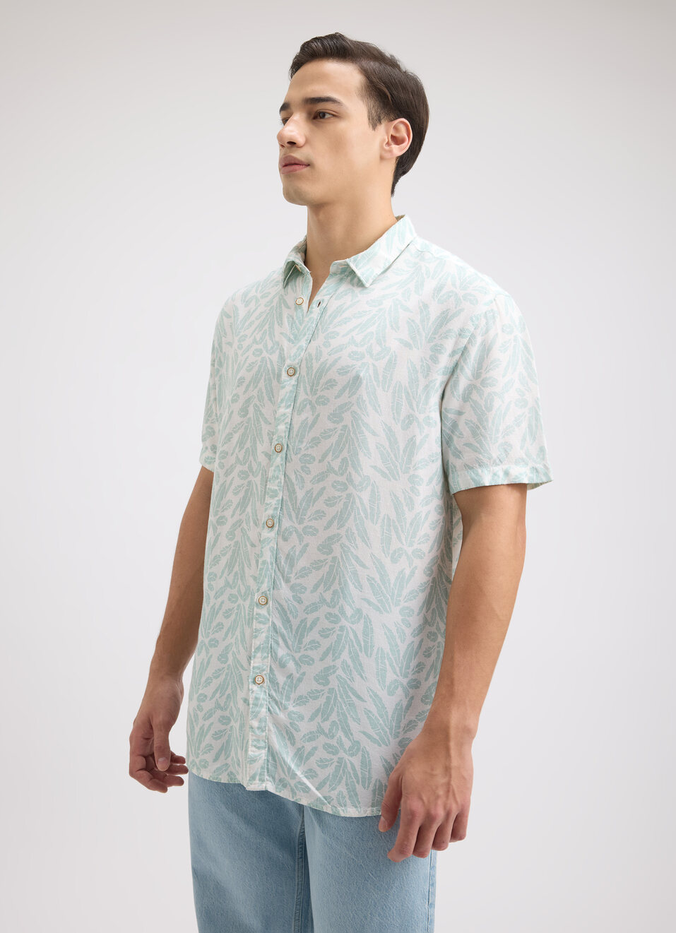 Men Blue Leaf Print Short Sleeve Linen Shirt, , large image number 3