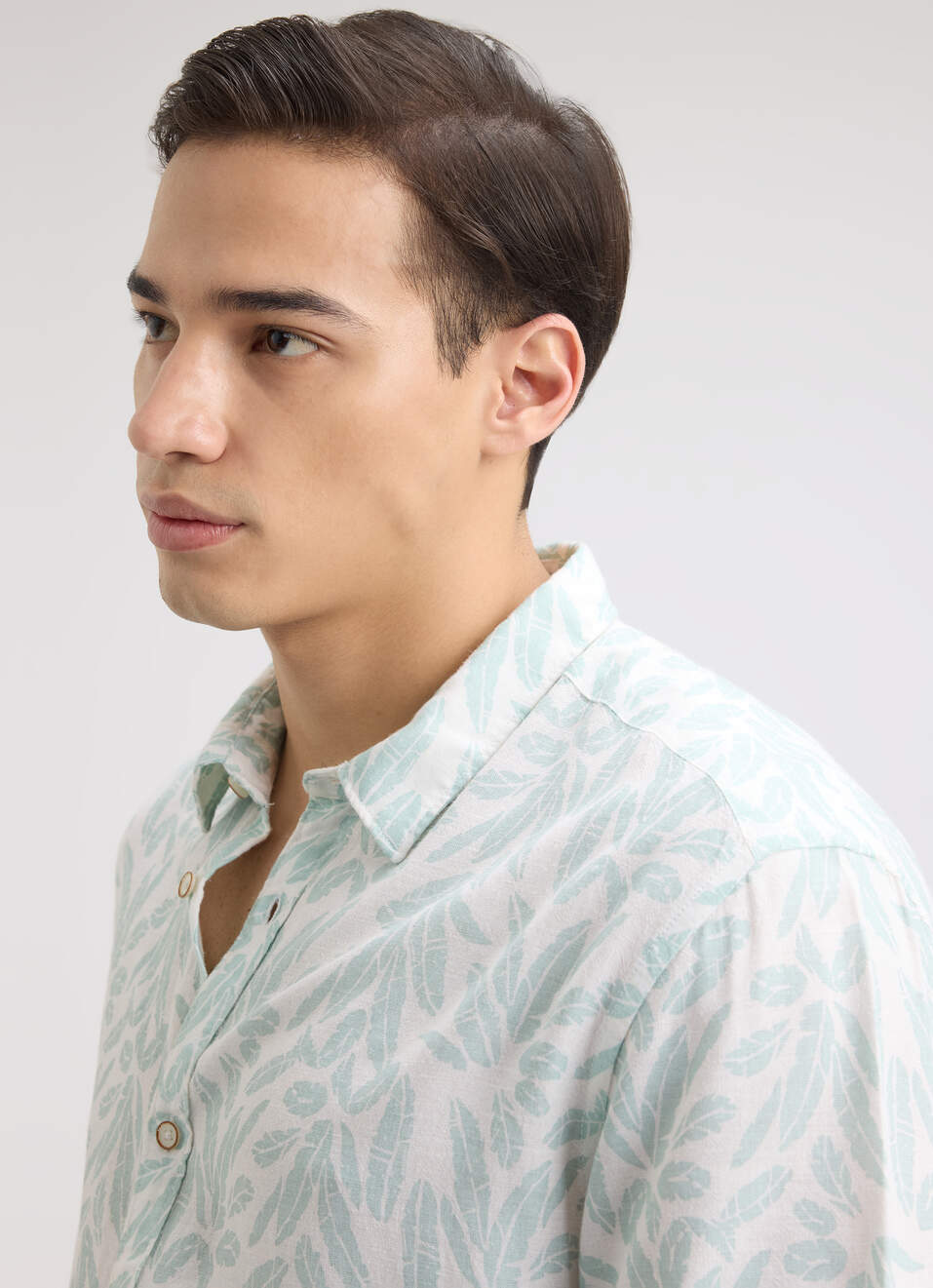 Men Blue Leaf Print Short Sleeve Linen Shirt, , large image number 4