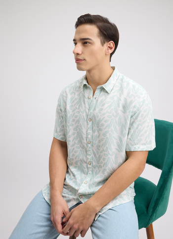 Men Blue Leaf Print Short Sleeve Linen Shirt