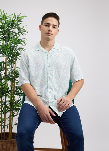 Men Blue Printed Resort Collar Short Sleeve Linen Shirt