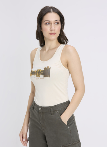 Women Ecru Photographic Print Sleeveless Tank Top