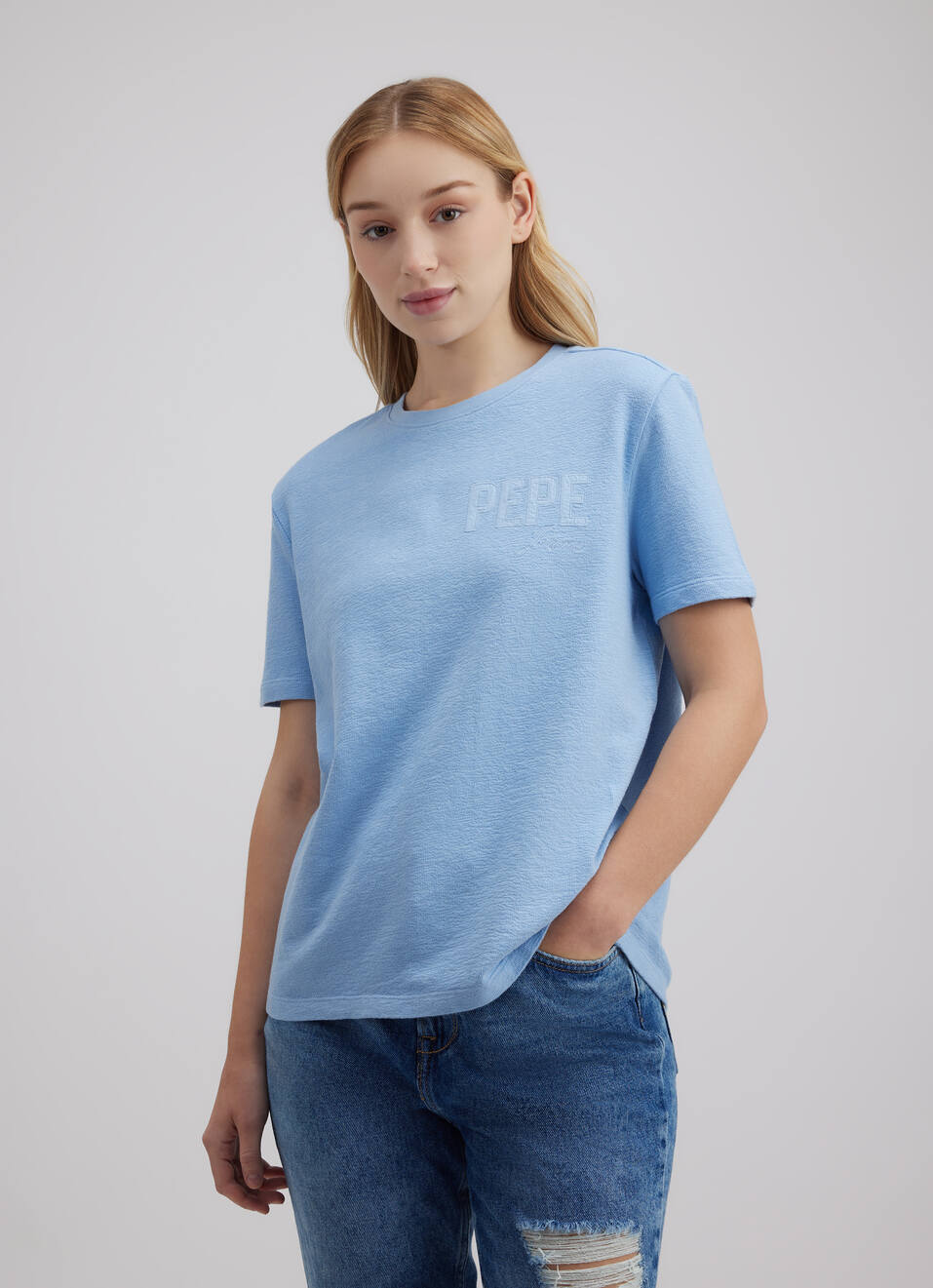 Women Blue Applique Embroidered Short Sleeve T-shirt, , large image number 1