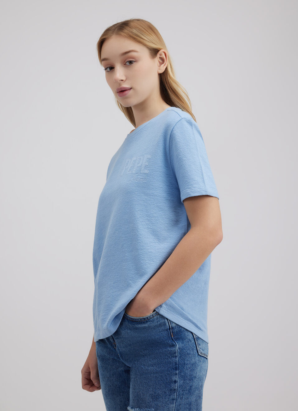 Women Blue Applique Embroidered Short Sleeve T-shirt, , large image number 3