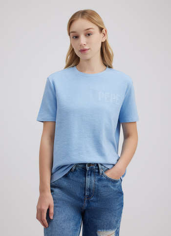 Women Blue Applique Embroidered Short Sleeve T-shirt