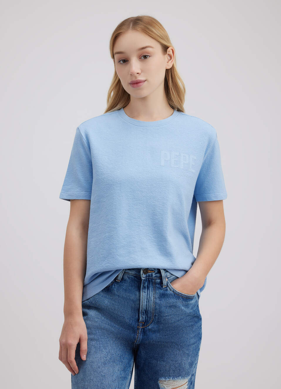 Women Blue Applique Embroidered Short Sleeve T-shirt, , large image number 0