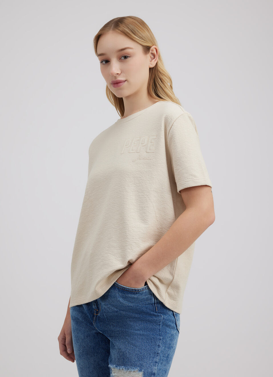 Women Beige Applique Embroidered Short Sleeve T-shirt, , large image number 3