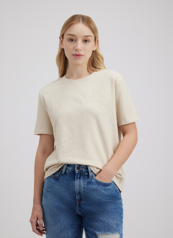 Women Beige Applique Embroidered Short Sleeve T-shirt