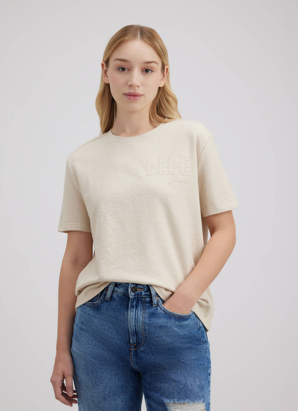 Women Beige Applique Embroidered Short Sleeve T-shirt, , large image number 0