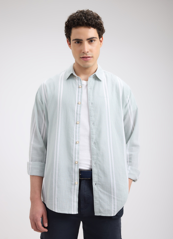 Men Green Stripe Full Sleeve Shirt