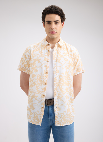 Men Beige Botanical Print Short Sleeve Shirt