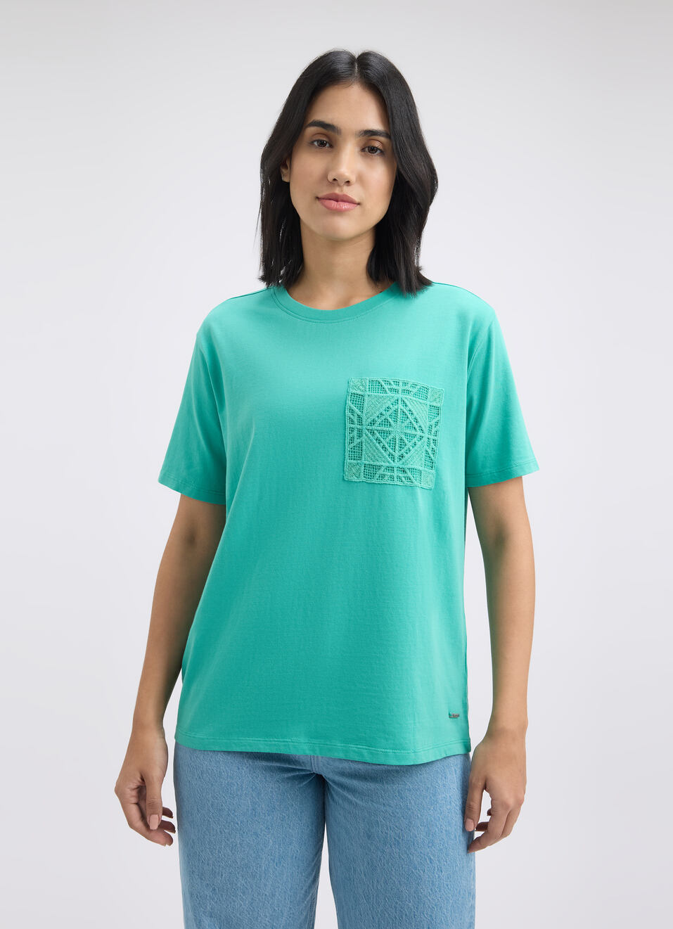 Women Green Crochet Short Sleeve T-shirt, , large image number 1