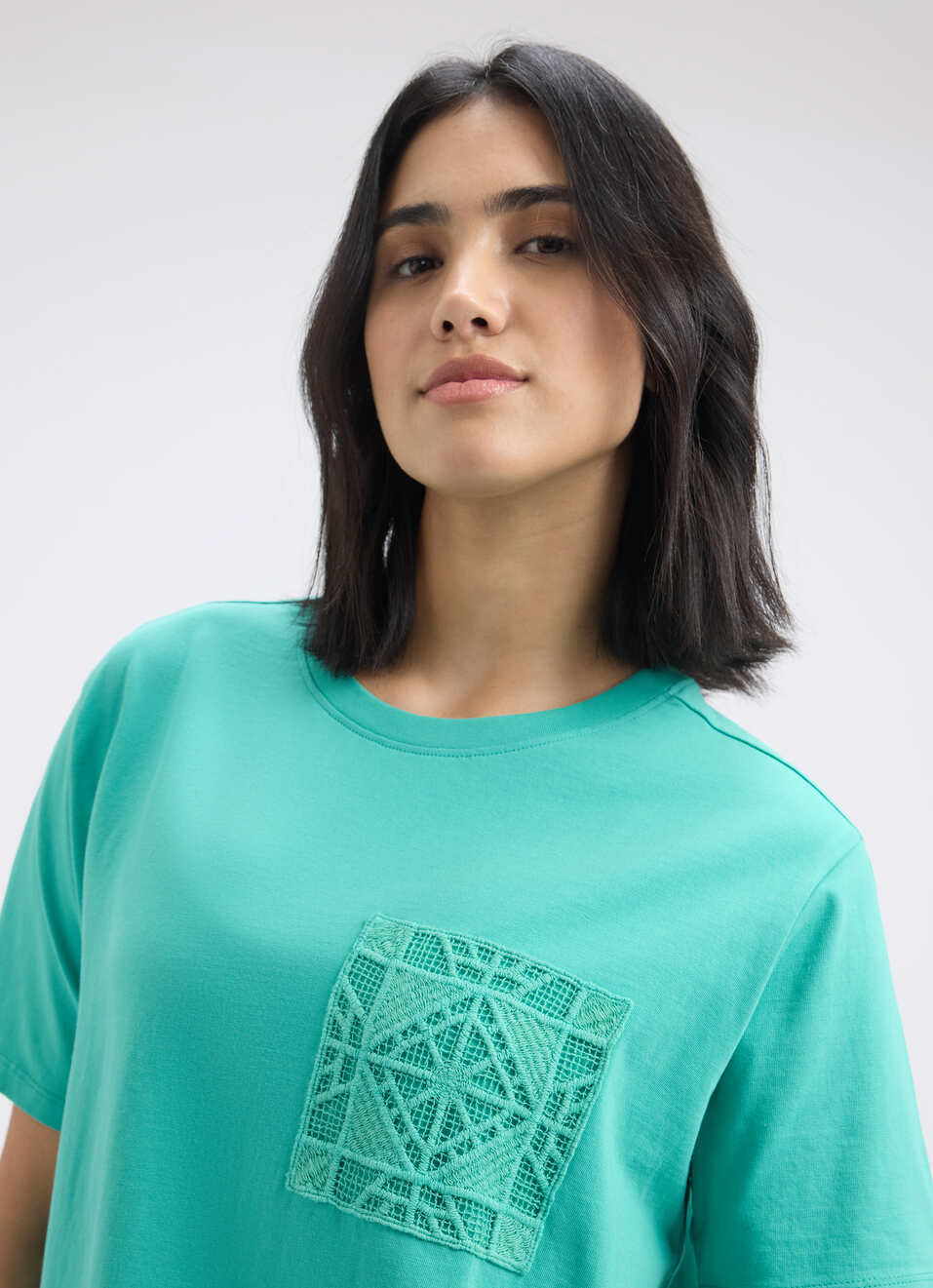 Women Green Crochet Short Sleeve T-shirt, , large image number 4