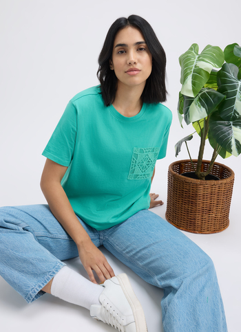 Women Green Crochet Short Sleeve T-shirt