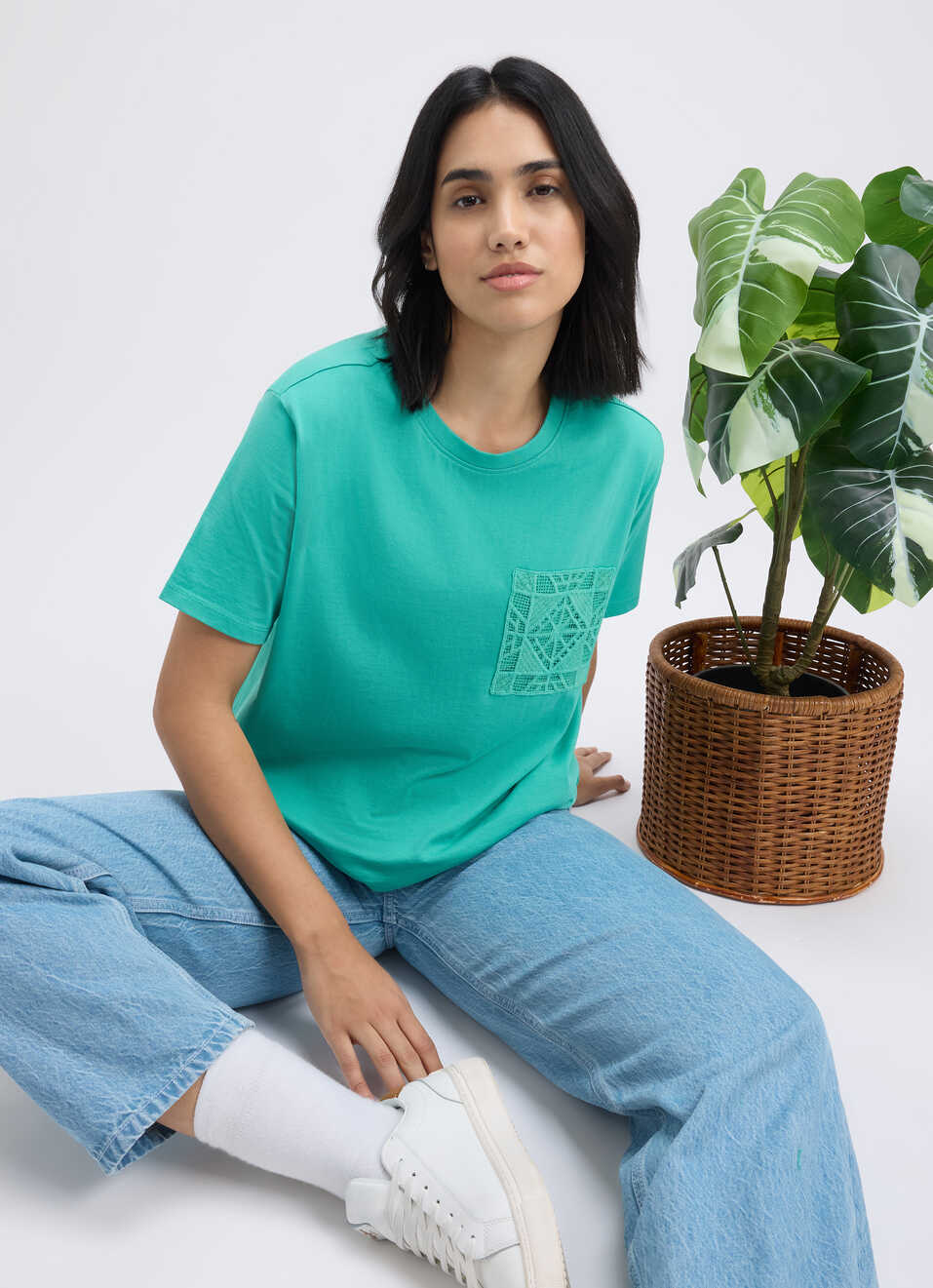 Women Green Crochet Short Sleeve T-shirt, , large image number 0