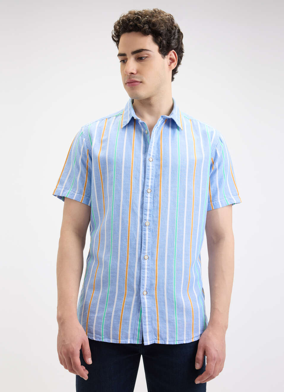 Men Blue Stripe Short Sleeve Shirt, , large image number 1