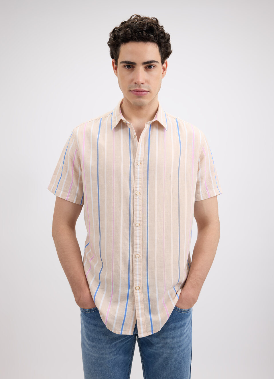 Men Beige Stripe Short Sleeve Shirt, , large image number 1