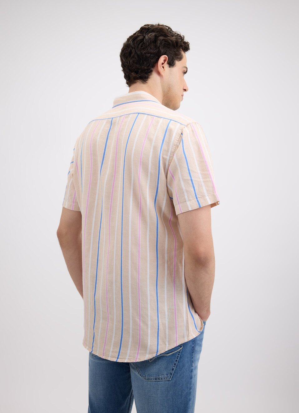 Men Beige Stripe Short Sleeve Shirt, , large image number 2