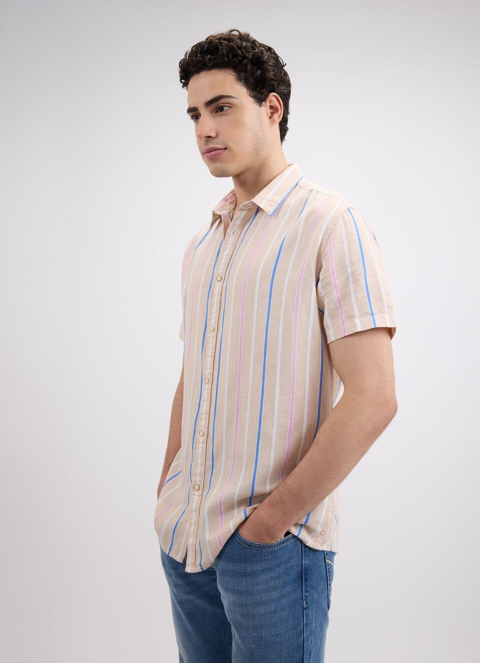 Men Beige Stripe Short Sleeve Shirt, , large image number 3