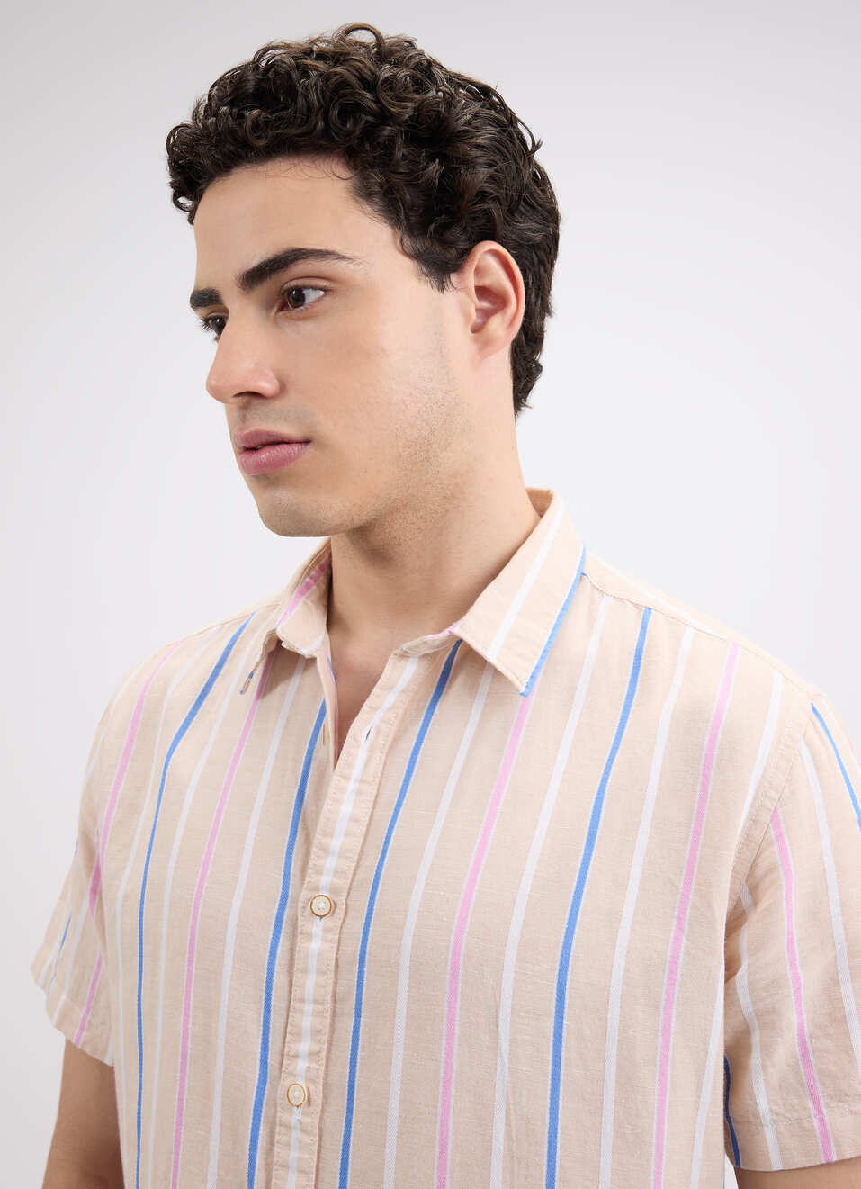 Men Beige Stripe Short Sleeve Shirt, , large image number 4