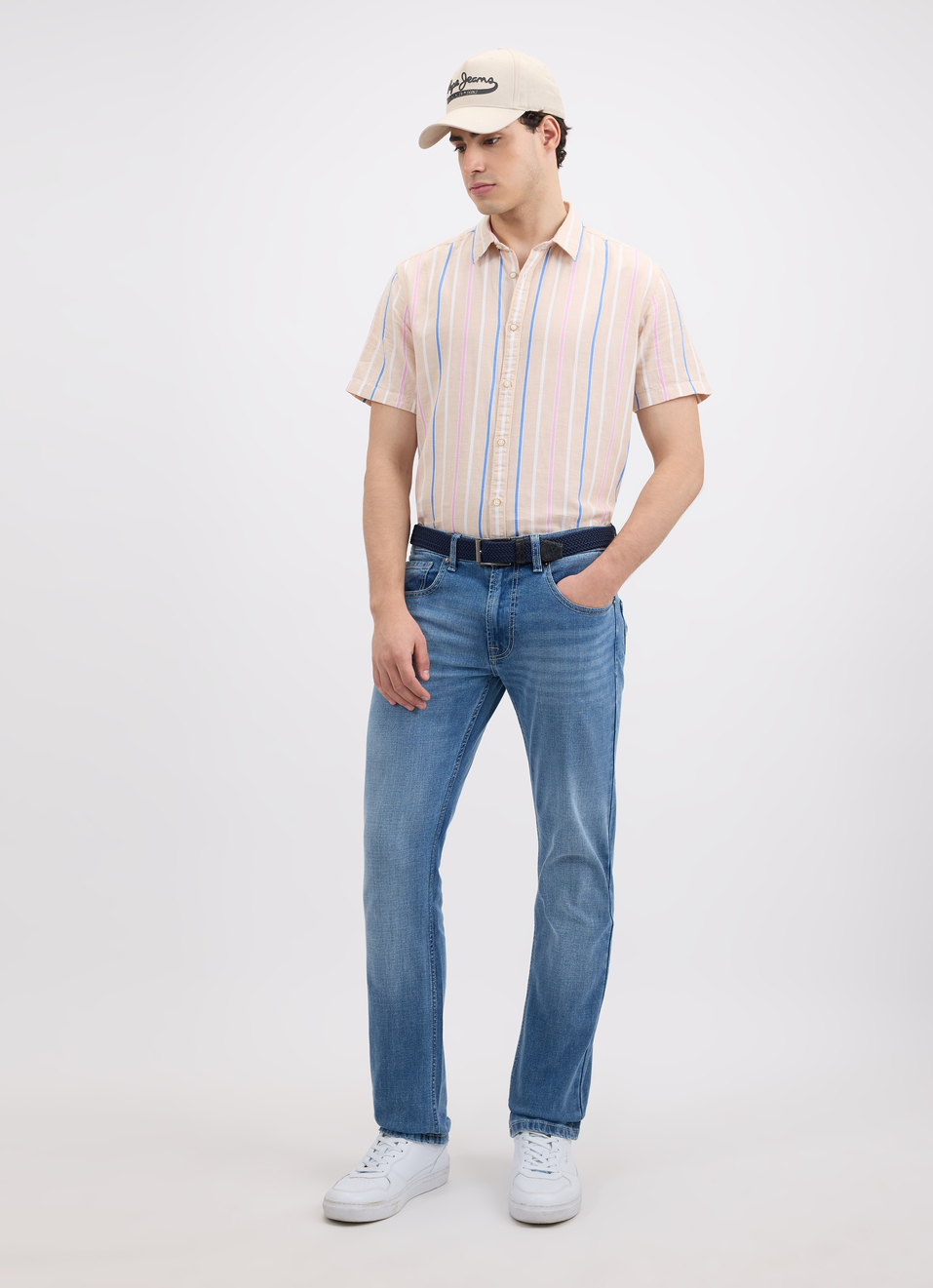 Men Beige Stripe Short Sleeve Shirt, , large image number 5