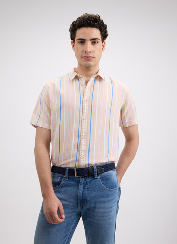 Men Beige Stripe Short Sleeve Shirt