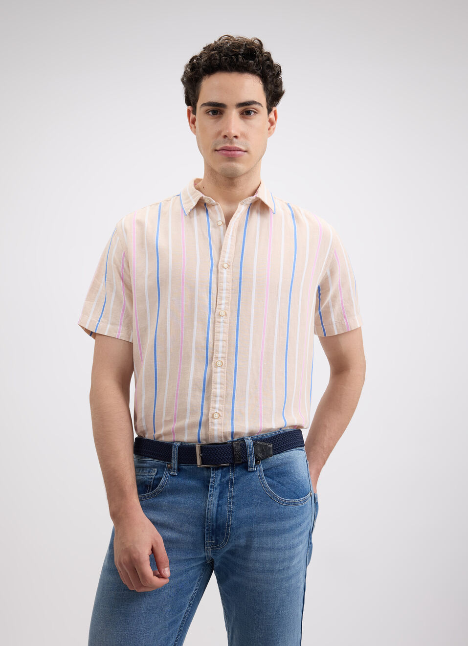 Men Beige Stripe Short Sleeve Shirt, , large image number 0