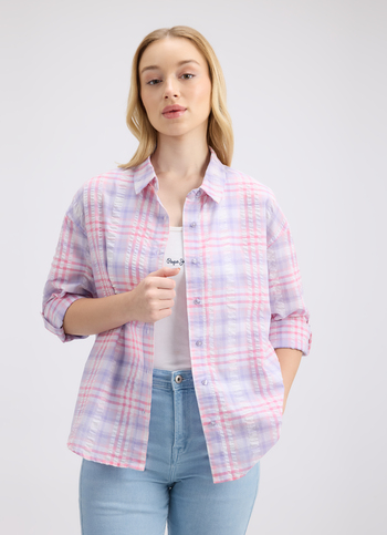 Women Purple Check Full Sleeve Oversized Shirt